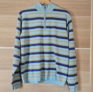 Peter Millar Crown Sport Men’s L 1/4 Zip Striped Pullover Blue Golf Sweater